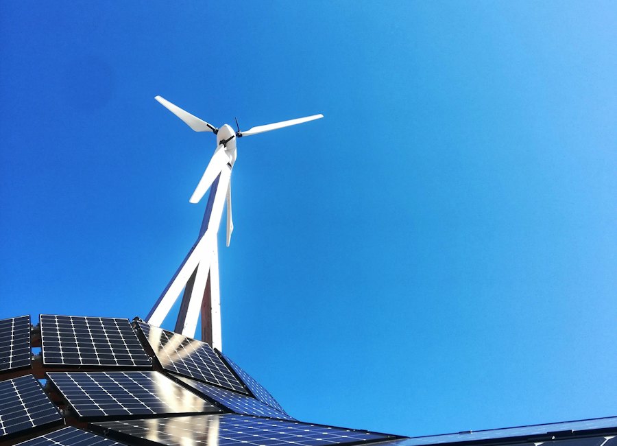 Solar panels with a small wind turbine, hybrid energy system